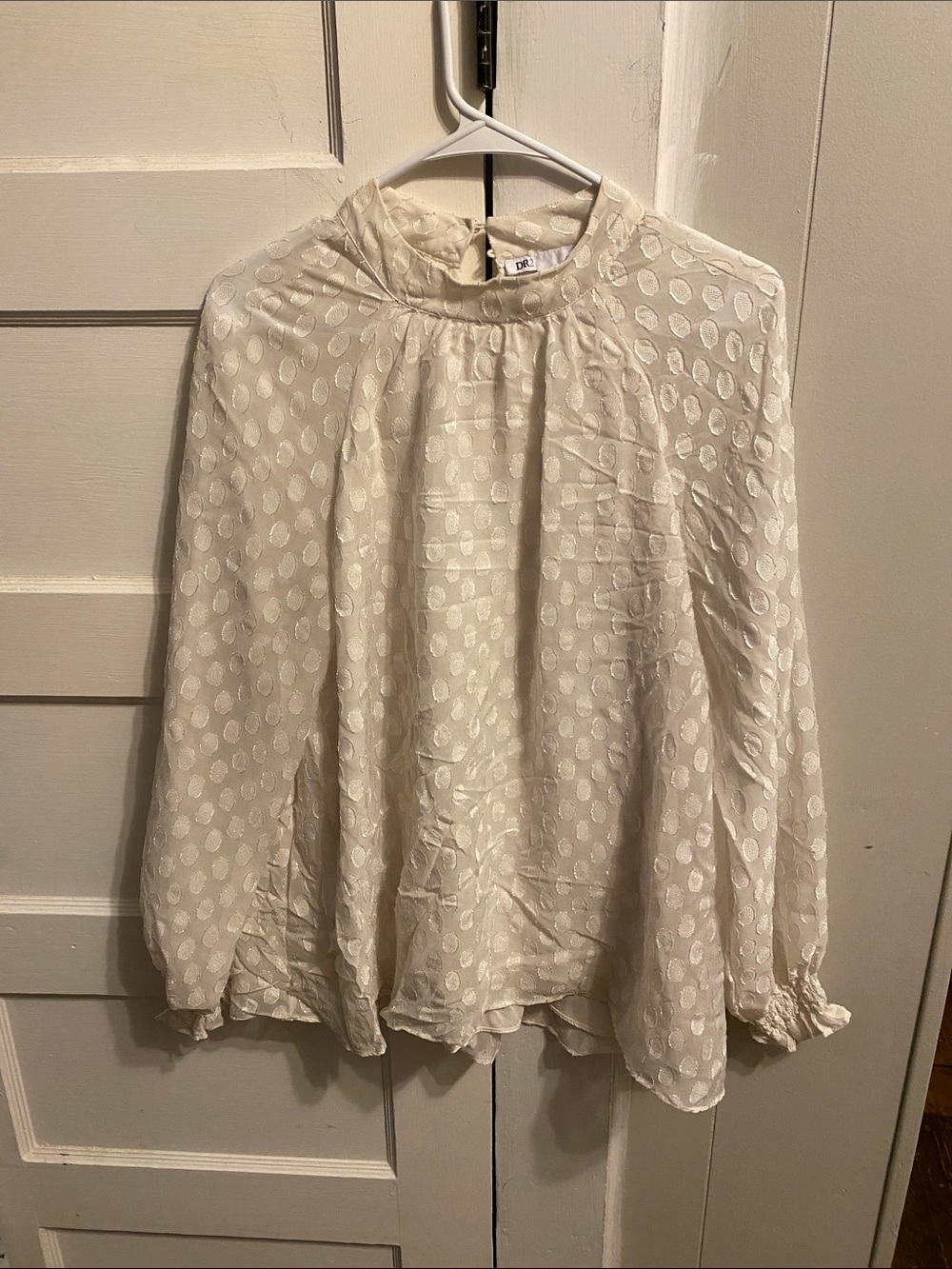 DR2 White Dot-Textured Mock Neck Blouse
